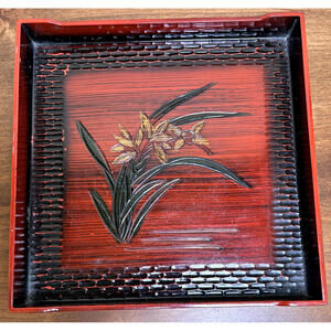 Toyo Japan Lacquerware Tray 11"x11"x1" (Red with Painted Carved Floral Pattern)